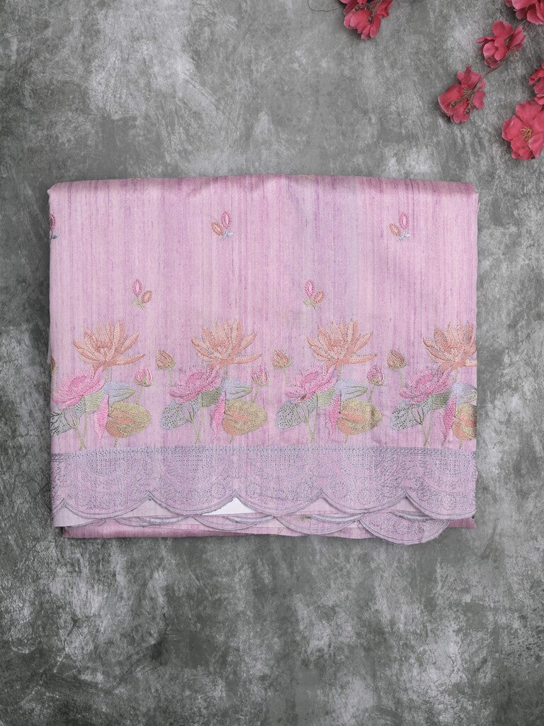 Tussar fancy saree light purple color allover embroidery motifs & embroidery border with running pallu and plain blouse
