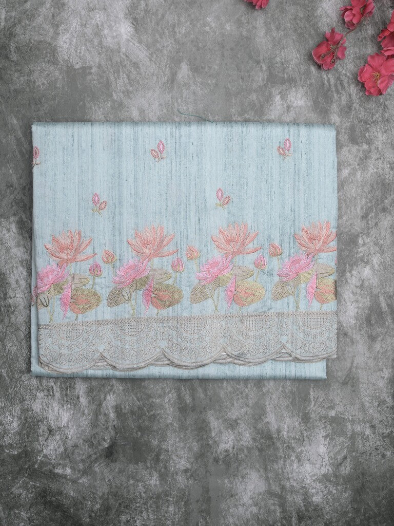 Tussar fancy saree light blue color allover embroidery motifs & embroidery border with running pallu and plain blouse