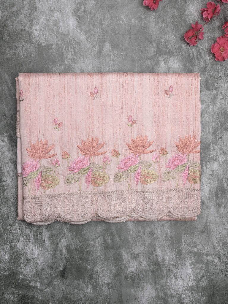 Tussar fancy saree baby pink color allover embroidery motifs & embroidery border with running pallu and plain blouse