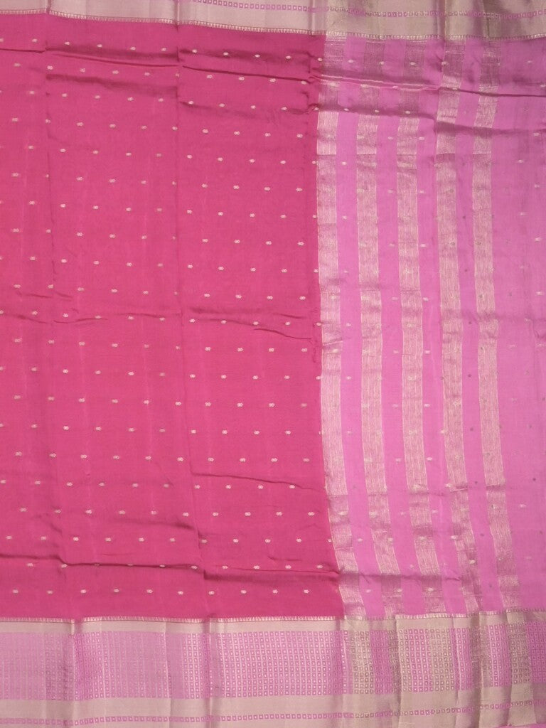 Maheshwari fancy saree pink color allover zari motifs & zari border with contrast pallu and attached blouse