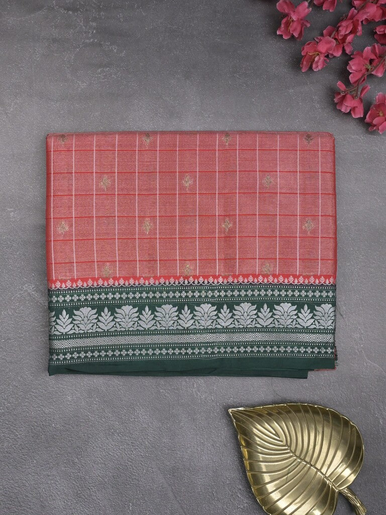 Dupion tissue fancy sarees coral pink color allover zari motifs & zari border with rich pallu and contrast blouse