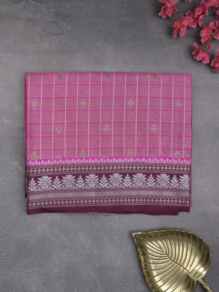 Dupion tissue fancy sarees purple color allover zari motifs & zari border with rich pallu and contrast blouse