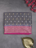 Dupion tissue fancy sarees grey color allover zari motifs & zari border with rich pallu and contrast blouse
