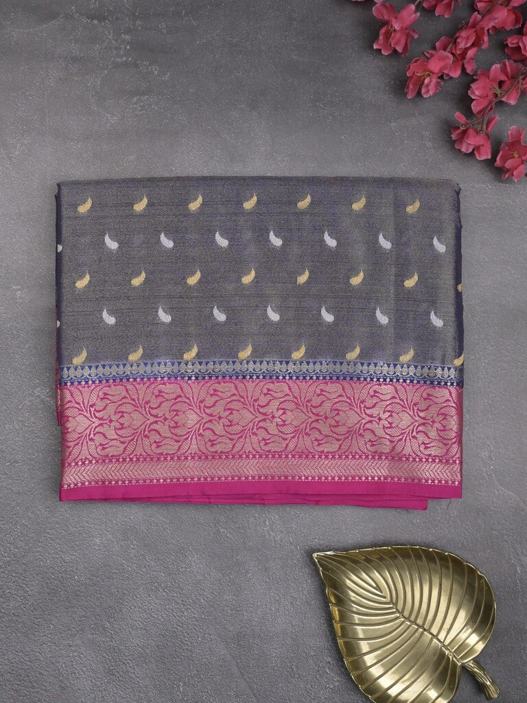 Dupion tissue fancy sarees grey color allover zari motifs & zari border with rich pallu and contrast blouse