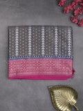 Dupion tissue fancy sarees grey color allover zari motifs & zari border with rich pallu and contrast blouse