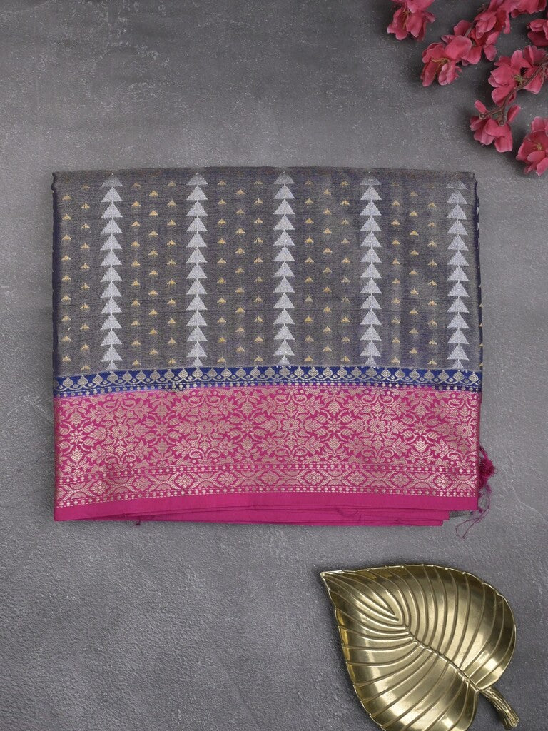 Dupion tissue fancy sarees grey color allover zari motifs & zari border with rich pallu and contrast blouse