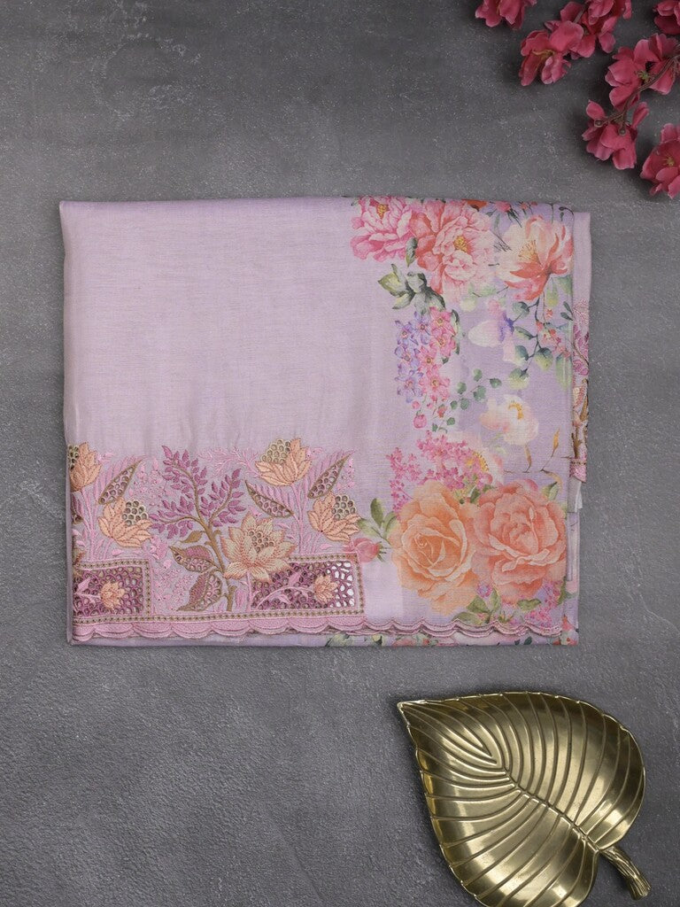 Dola tissue fancy sarees light purple color allover plain & embroidery border with printed pallu and printed blouse