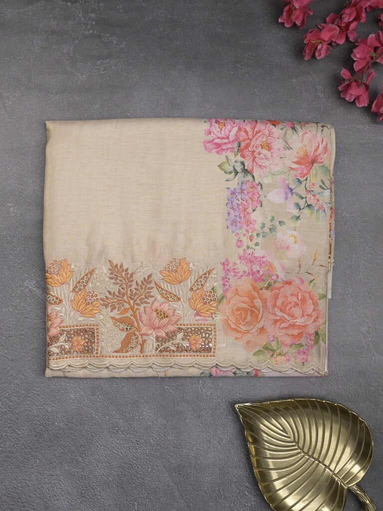 Dola tissue fancy sarees light cream color allover plain & embroidery border with printed pallu and printed blouse