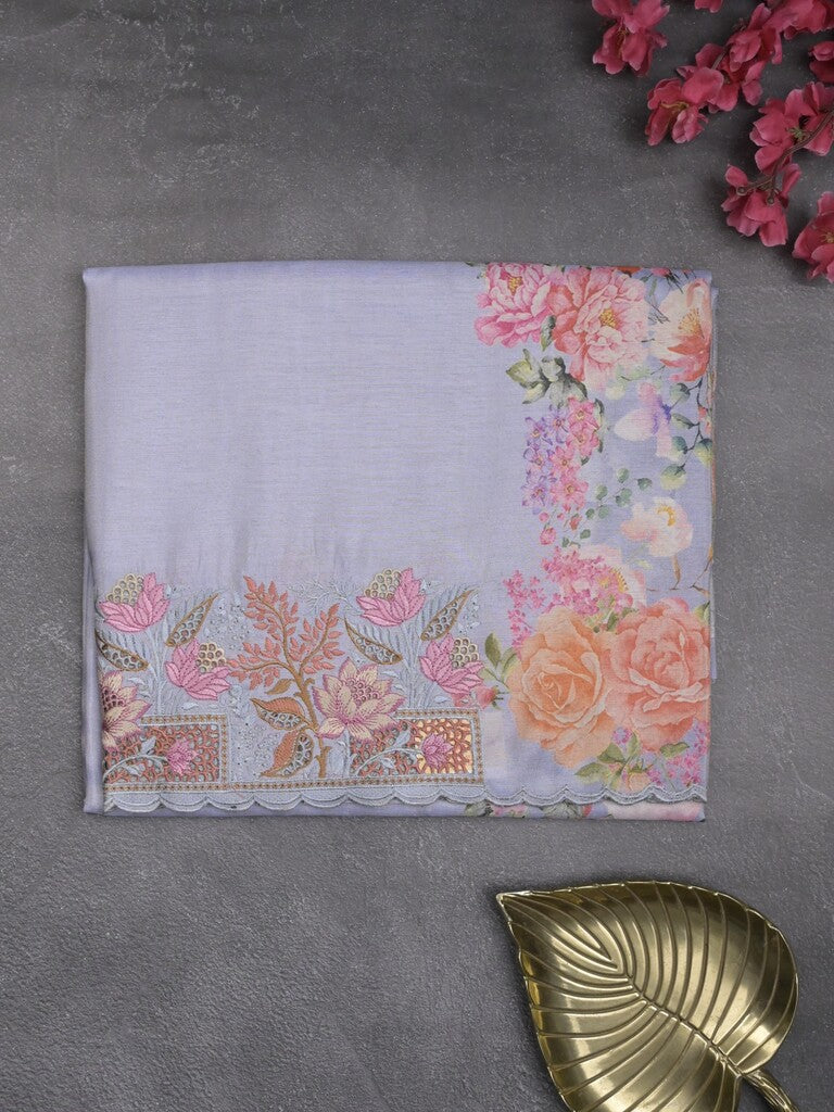 Dola tissue fancy sarees light lavender color allover plain & embroidery border with printed pallu and printed blouse