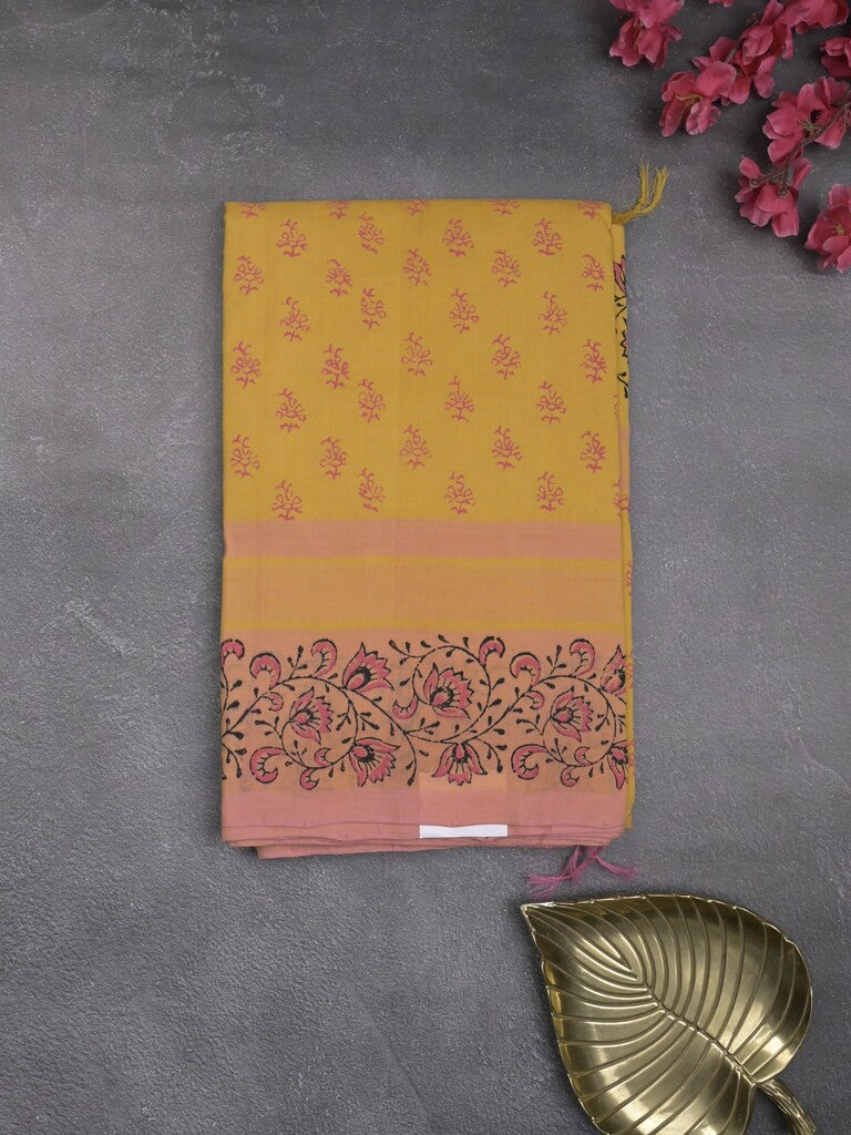 Mangalagiri cotton saree golden yellow color allover prints & contrast border with printed pallu and self blouse