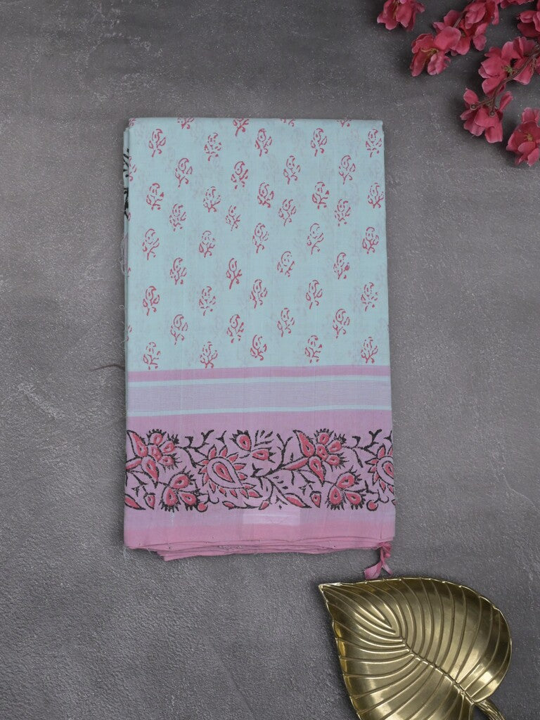 Mangalagiri cotton saree light blue color allover prints & contrast border with printed pallu and self blouse