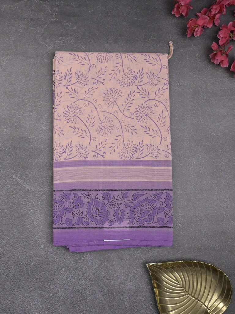 Mangalagiri cotton saree pastel purple color allover prints & contrast border with printed pallu and self blouse
