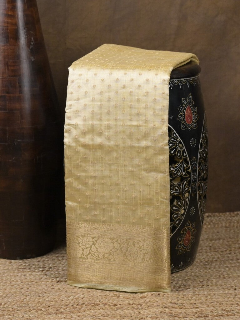 Dupion fancy saree cream color allover zari motifs & zari border with stripes pallu and running blouse