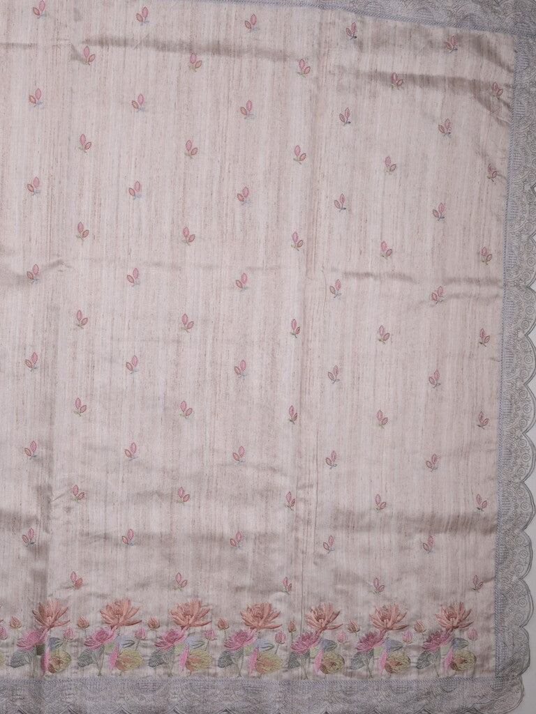 Tussar fancy saree half white color allover embroidery motifs & embroidery border with running pallu and plain blouse