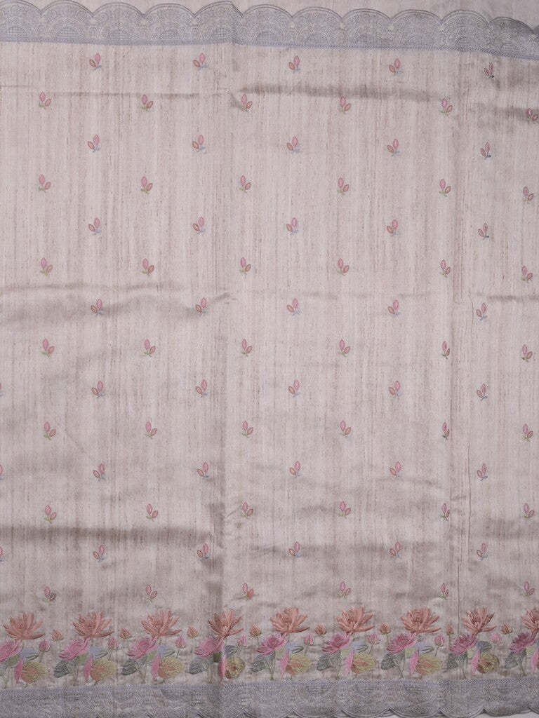 Tussar fancy saree half white color allover embroidery motifs & embroidery border with running pallu and plain blouse