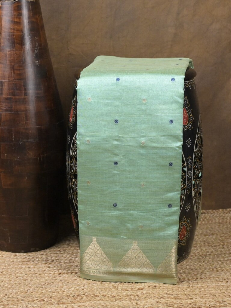 Dupion fancy saree sea blue color allover zari motifs & zari border with zari pallu and running blouse