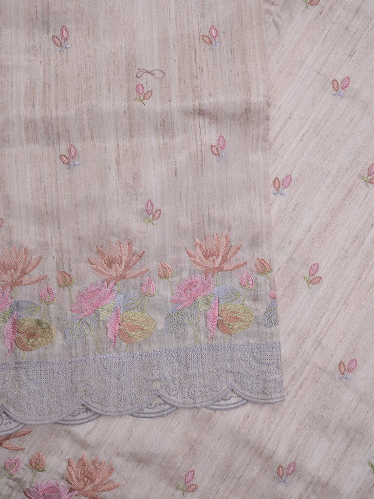 Tussar fancy saree half white color allover embroidery motifs & embroidery border with running pallu and plain blouse
