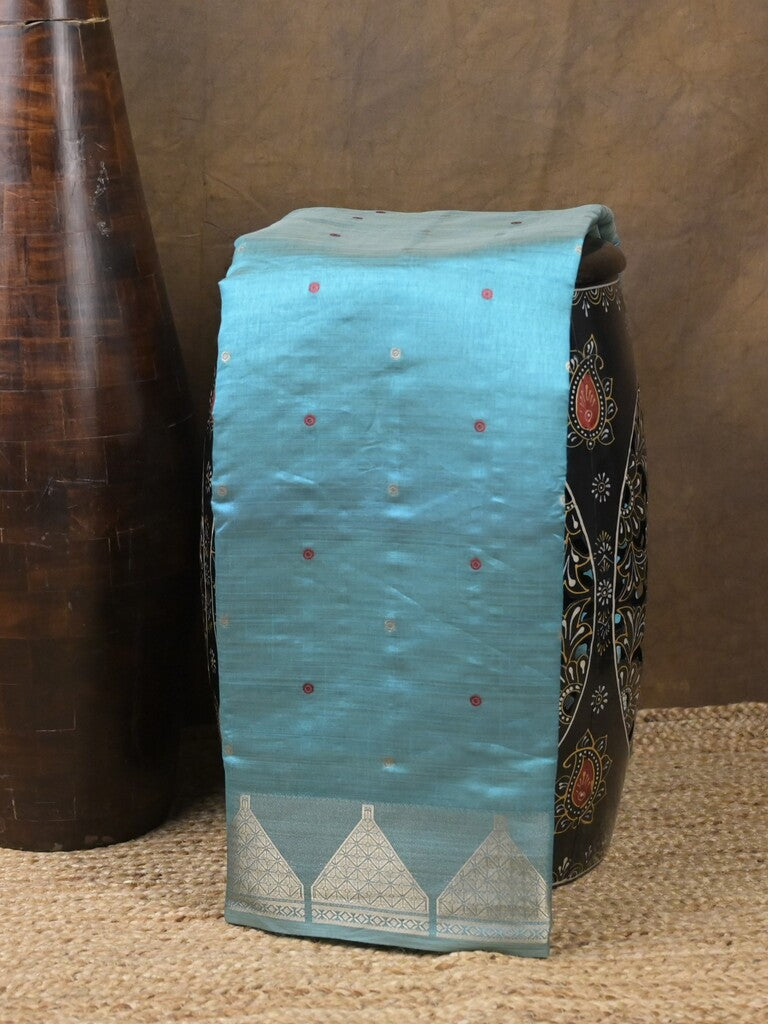 Dupion fancy saree sky blue color allover zari motifs & zari border with zari pallu and running blouse