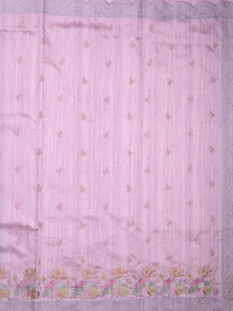 Tussar fancy saree light purple color allover embroidery motifs & embroidery border with running pallu and plain blouse