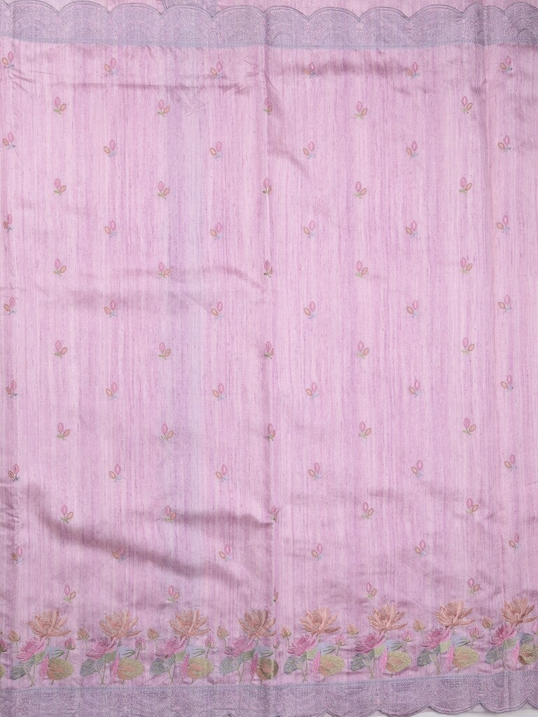 Tussar fancy saree light purple color allover embroidery motifs & embroidery border with running pallu and plain blouse