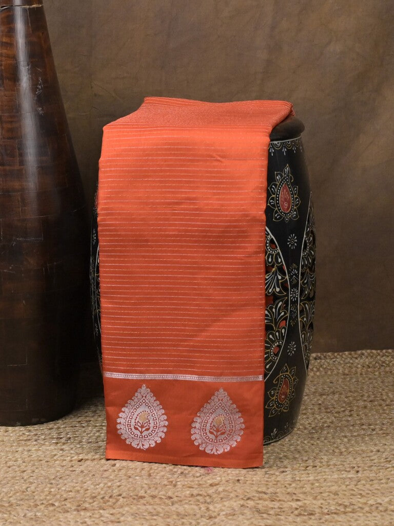Dupion fancy saree orange color allover zari motifs & zari border with zari pallu and contrast blouse
