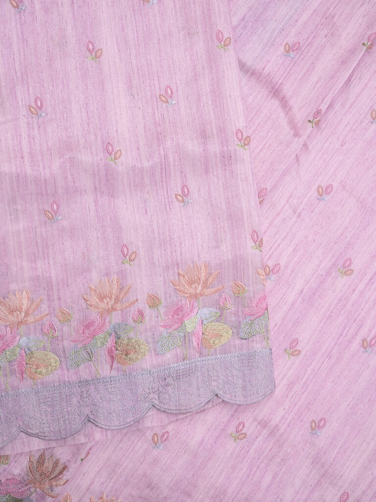 Tussar fancy saree light purple color allover embroidery motifs & embroidery border with running pallu and plain blouse