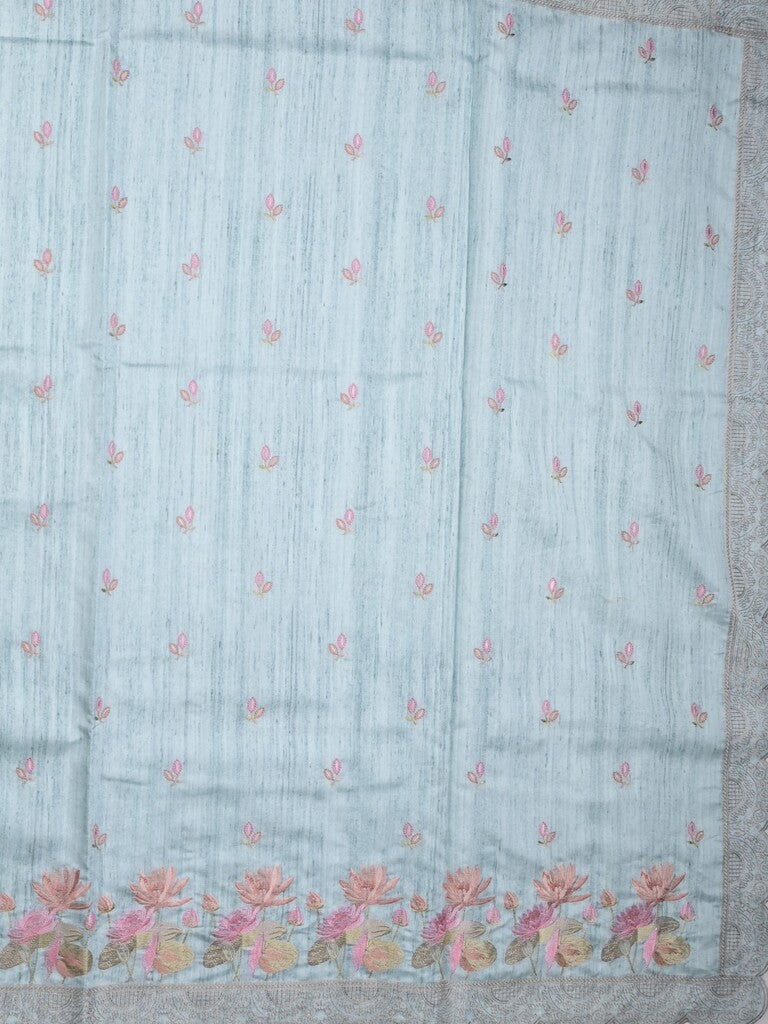 Tussar fancy saree light blue color allover embroidery motifs & embroidery border with running pallu and plain blouse
