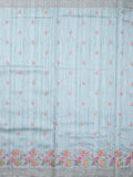 Tussar fancy saree light blue color allover embroidery motifs & embroidery border with running pallu and plain blouse