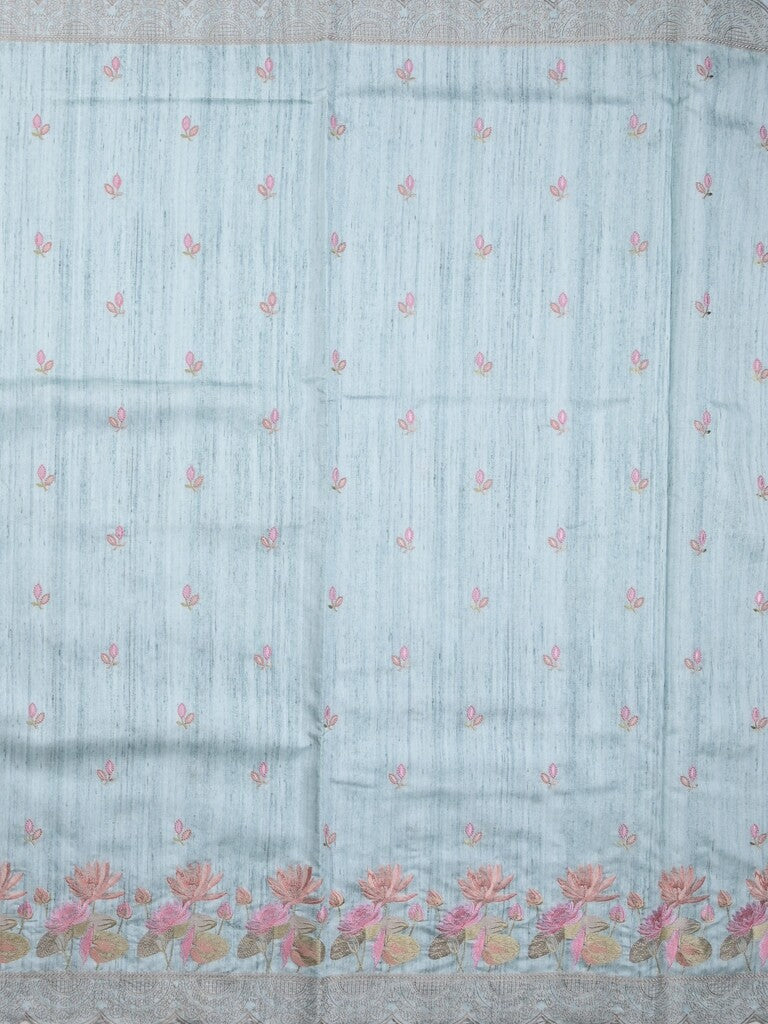 Tussar fancy saree light blue color allover embroidery motifs & embroidery border with running pallu and plain blouse