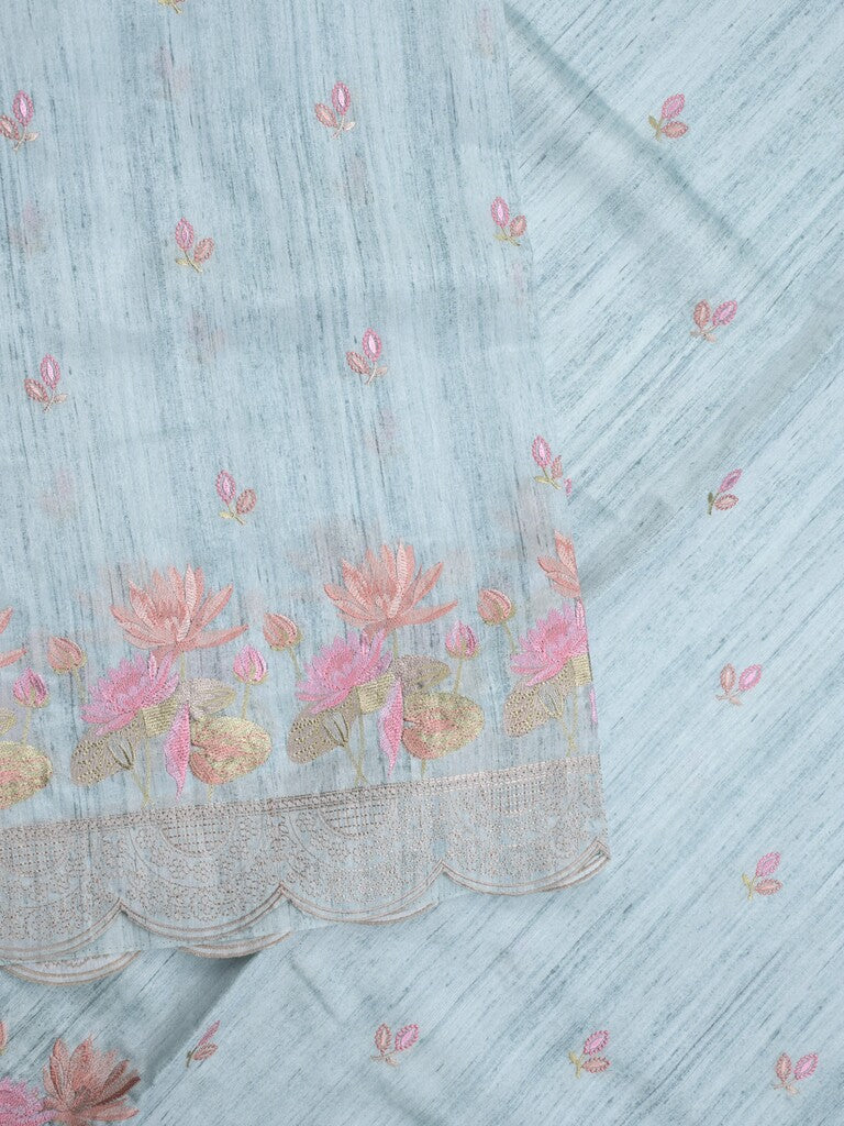 Tussar fancy saree light blue color allover embroidery motifs & embroidery border with running pallu and plain blouse