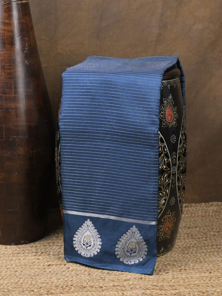 Dupion fancy saree blue color allover zari motifs & zari border with zari pallu and contrast blouse