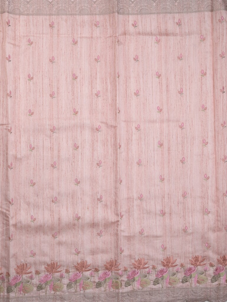 Tussar fancy saree baby pink color allover embroidery motifs & embroidery border with running pallu and plain blouse