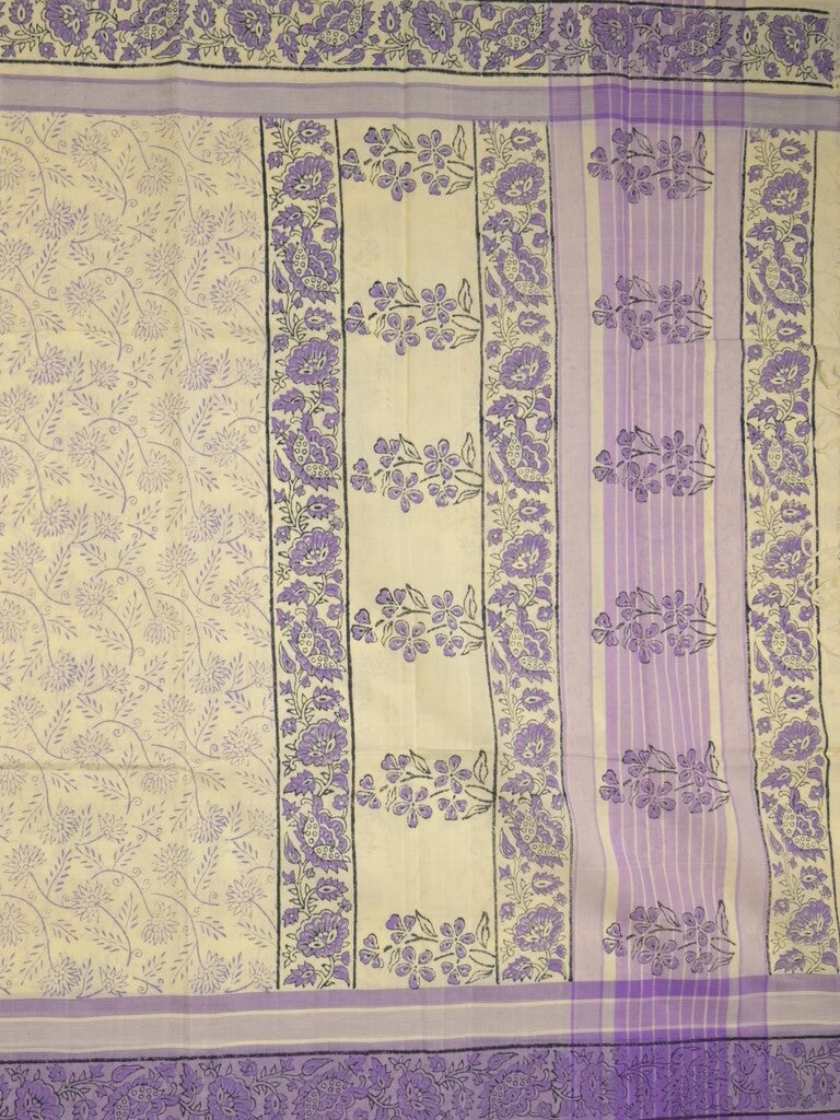 Mangalagiri cotton saree light cream color allover prints & contrast border with printed pallu and self blouse