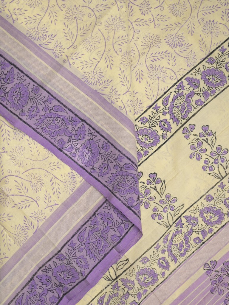 Mangalagiri cotton saree light cream color allover prints & contrast border with printed pallu and self blouse