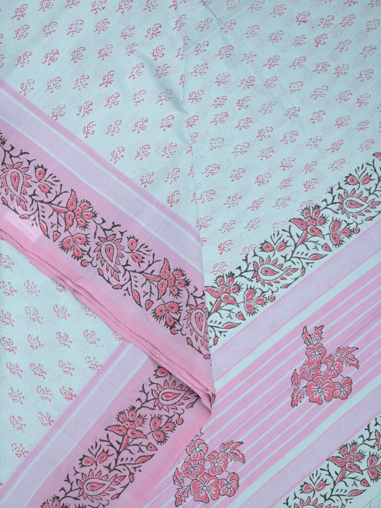 Mangalagiri cotton saree light blue color allover prints & contrast border with printed pallu and self blouse