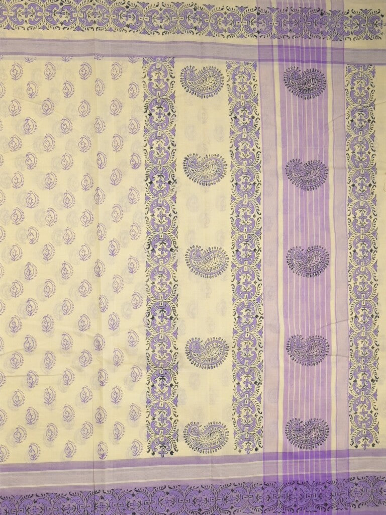 Mangalagiri cotton saree light cream color allover prints & contrast border with printed pallu and self blouse