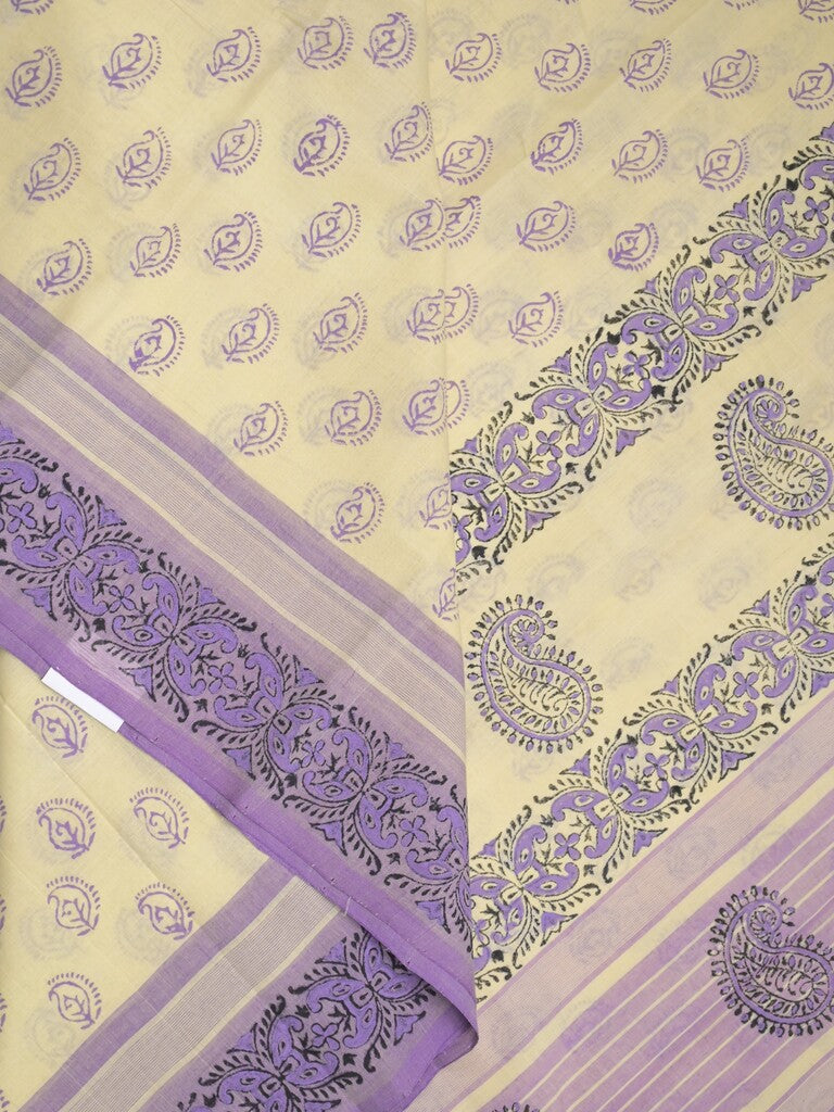 Mangalagiri cotton saree light cream color allover prints & contrast border with printed pallu and self blouse