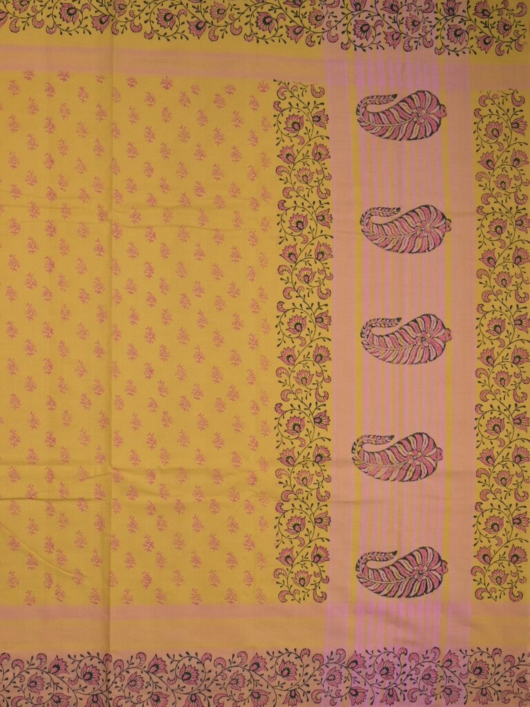 Mangalagiri cotton saree golden yellow color allover prints & contrast border with printed pallu and self blouse