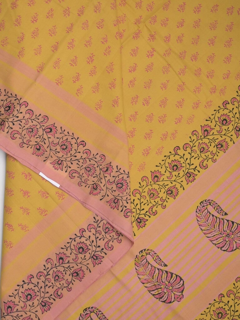 Mangalagiri cotton saree golden yellow color allover prints & contrast border with printed pallu and self blouse