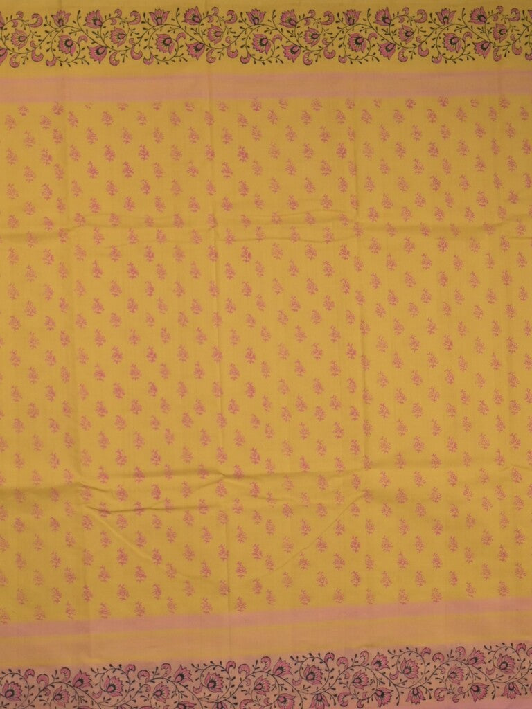 Mangalagiri cotton saree golden yellow color allover prints & contrast border with printed pallu and self blouse