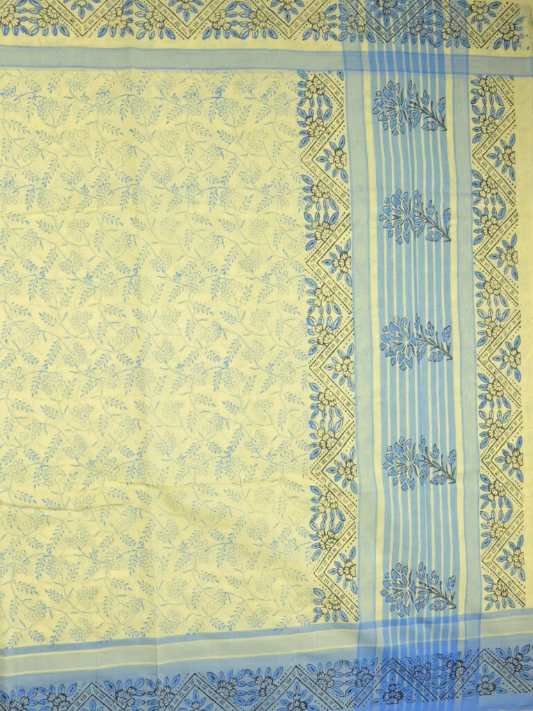 Mangalagiri cotton saree pastel yellow color allover prints & contrast border with printed pallu and self blouse