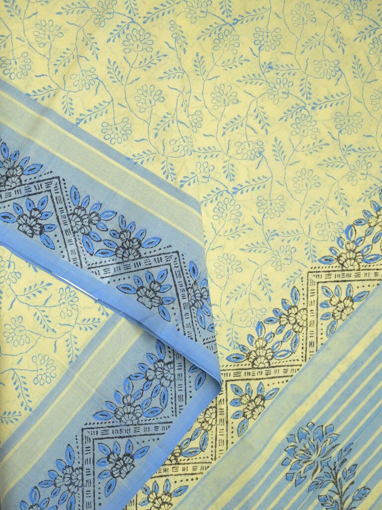 Mangalagiri cotton saree pastel yellow color allover prints & contrast border with printed pallu and self blouse