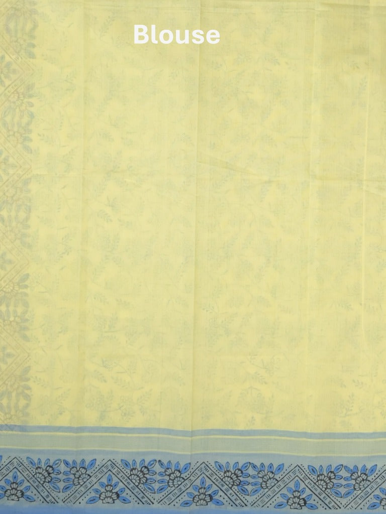 Mangalagiri cotton saree pastel yellow color allover prints & contrast border with printed pallu and self blouse