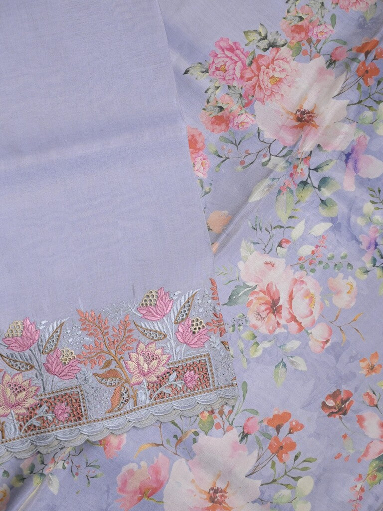 Dola tissue fancy sarees light lavender color allover plain & embroidery border with printed pallu and printed blouse