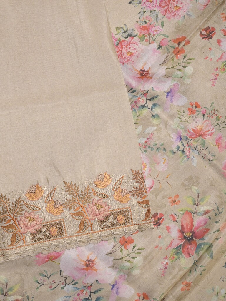 Dola tissue fancy sarees light cream color allover plain & embroidery border with printed pallu and printed blouse