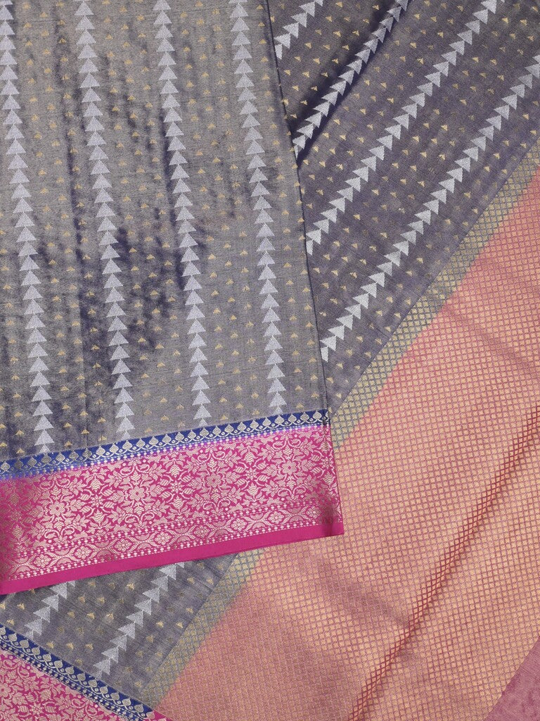 Dupion tissue fancy sarees grey color allover zari motifs & zari border with rich pallu and contrast blouse
