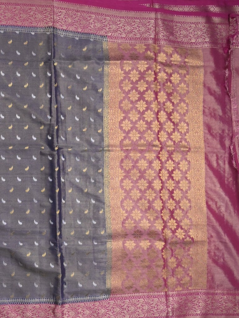 Dupion tissue fancy sarees grey color allover zari motifs & zari border with rich pallu and contrast blouse