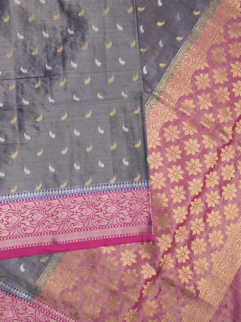 Dupion tissue fancy sarees grey color allover zari motifs & zari border with rich pallu and contrast blouse