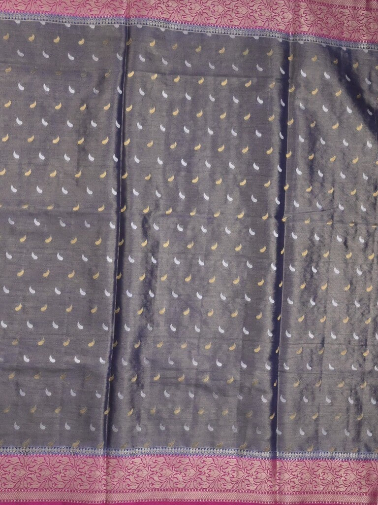 Dupion tissue fancy sarees grey color allover zari motifs & zari border with rich pallu and contrast blouse