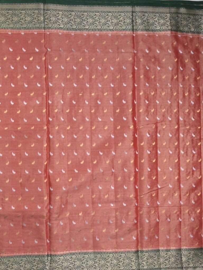 Dupion tissue fancy sarees red color allover zari motifs & zari border with rich pallu and contrast blouse